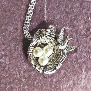 Silver Bird & Nest with Faux Pearl Eggs Necklace